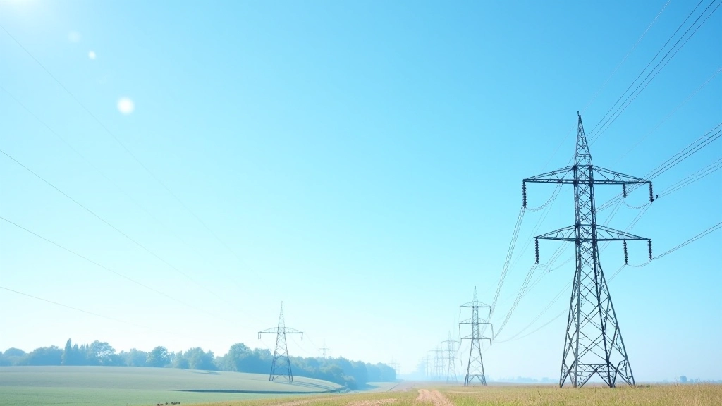 Strommasten und Hochspannungsleitungen vor blauem Himmel, Energieinfrastruktur Deutschland