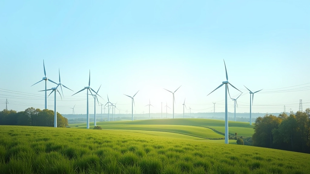 Modernes Energieversorgungssystem mit Windkraftanlagen und Stromleitungen, grüne Energiewende Deutschland