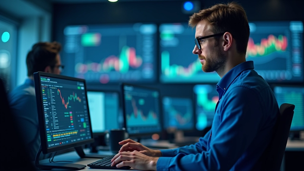 Stromhandelsmarkt mit Laptops und Monitoren in modernem Börsensaal, Echtzeit-Datenströme sichtbar