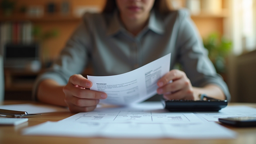 Person mit Stift analysiert Stromrechnung am Küchentisch mit Taschenrechner