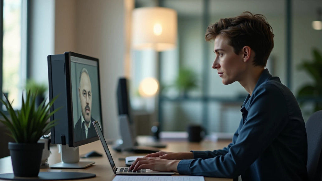 Benutzer schaut sich Energiemarkt-Video an, konzentrierte Ansicht, moderner Arbeitsplatz