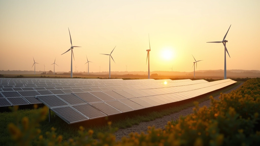 Erneuerbare Energieanlage mit Solarmodulen und Windkraftanlagen in Landschaft