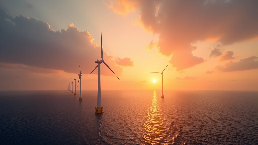 Windkraftanlagen in der Nordsee bei Sonnenuntergang, Offshore-Windpark